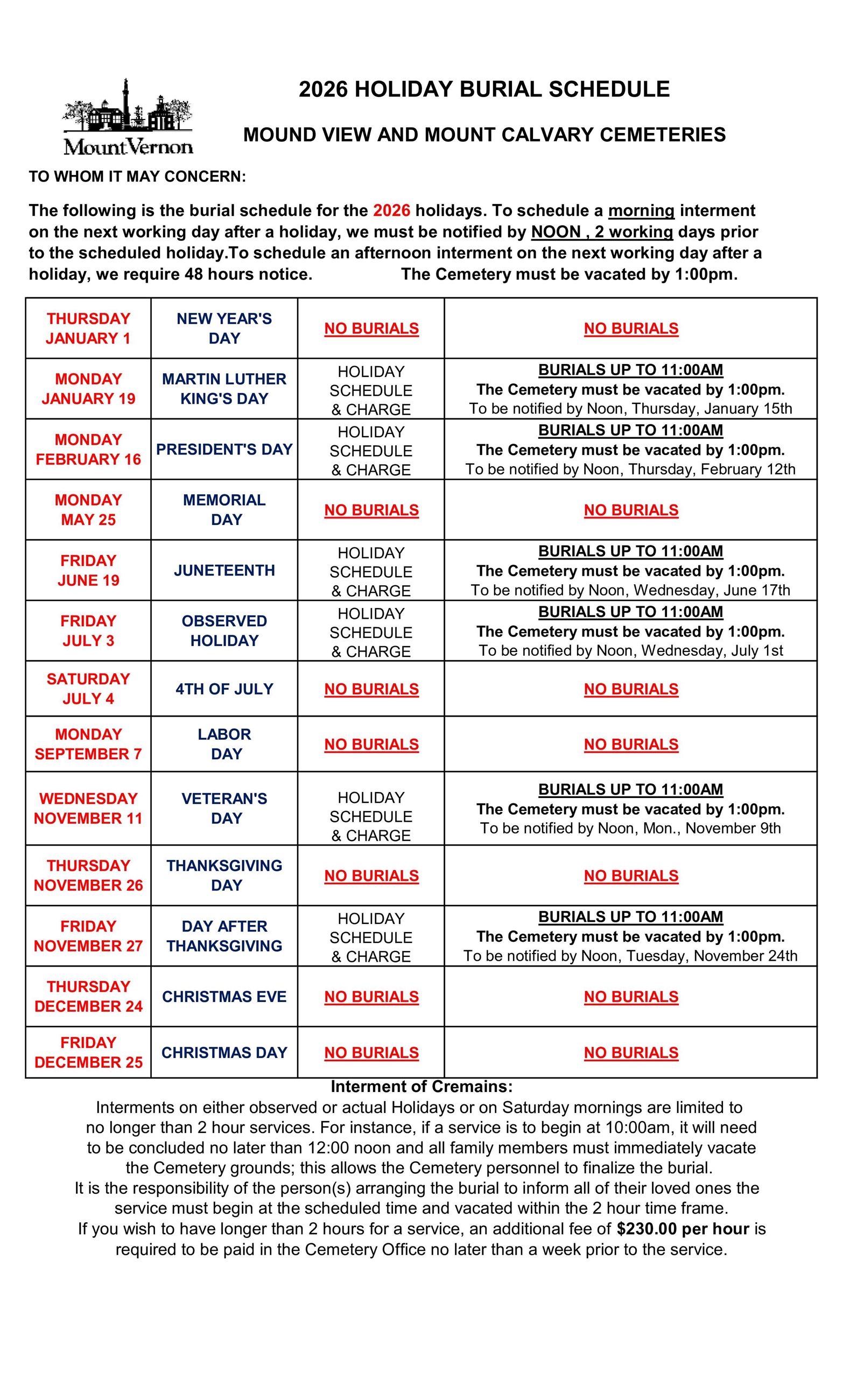 2026 HOLIDAY BURIAL SCHEDULE